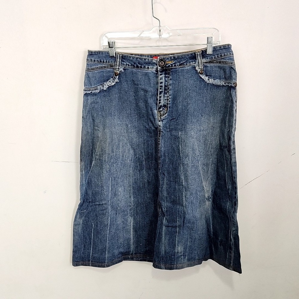 Style‎ J Denim Skirt Womens 34 Blue Y2K Distressed Raw Edge Midi Jean Skirt